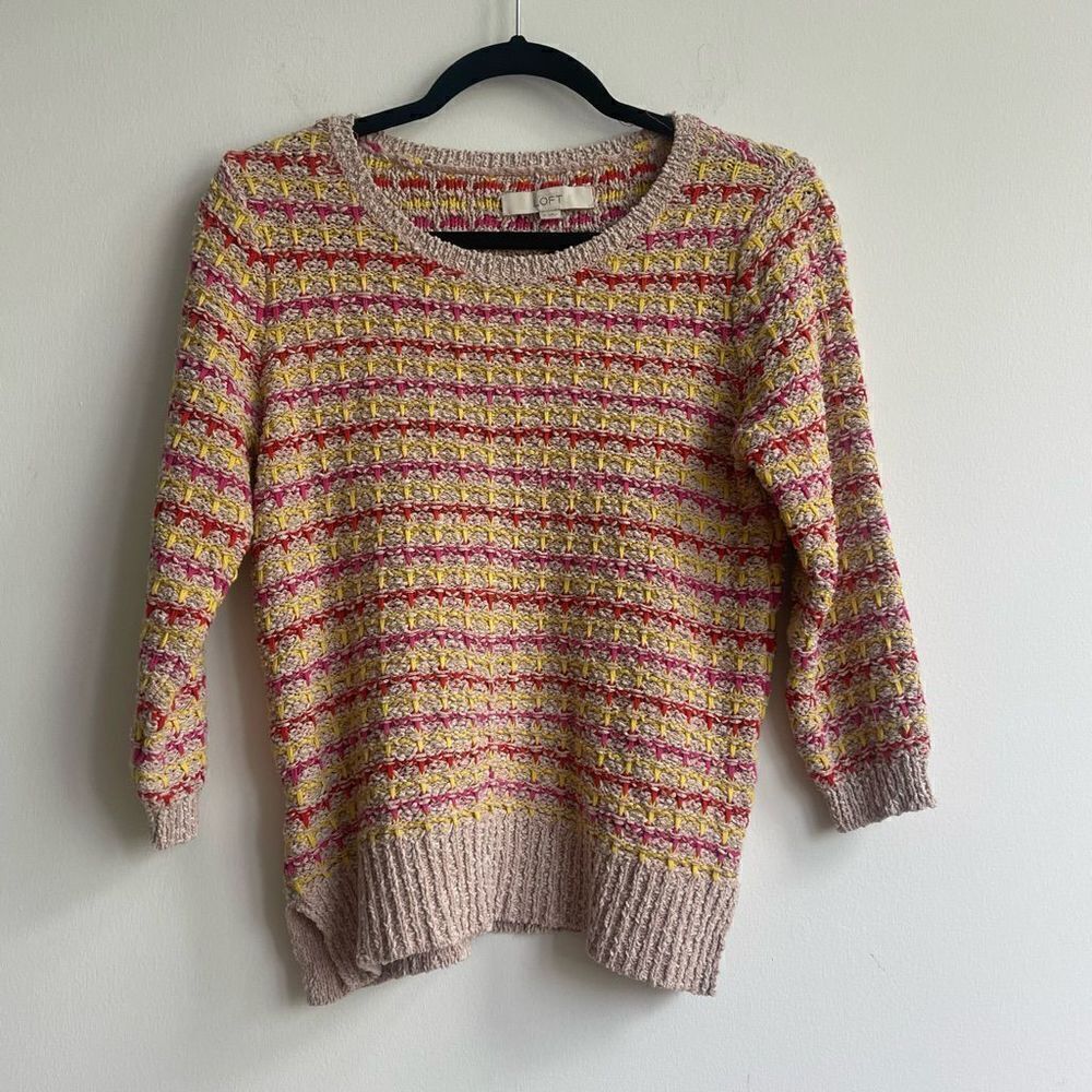 Loft Cotton Pink/Yellow Striped Sweater w/ 3/4 sleeves - Small